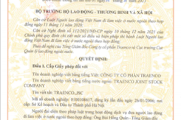 Giấy phép XKLĐ của Traenco