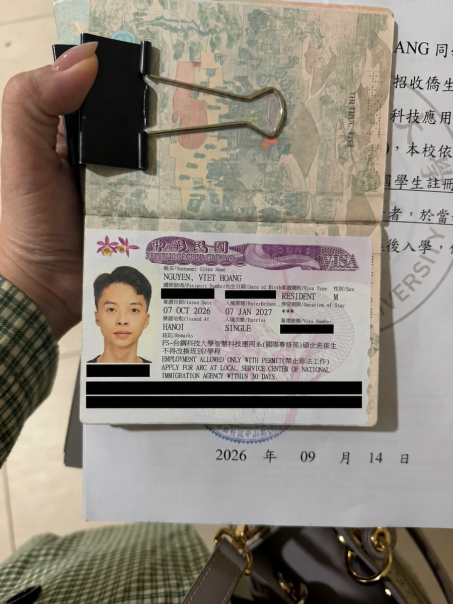 Visa du học Đài Loan của Nguyễn Việt Hoàng